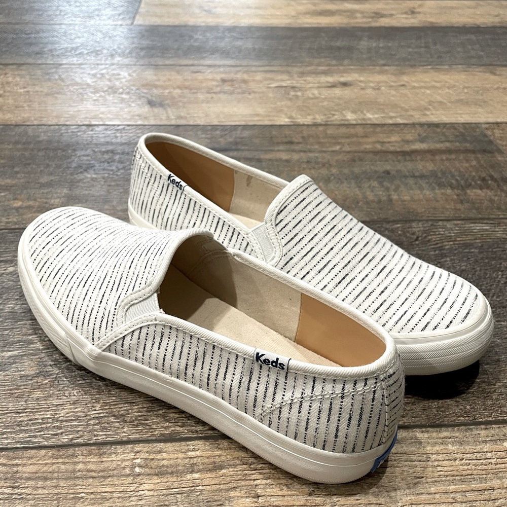 Keds black and white striped slip ons NWOT